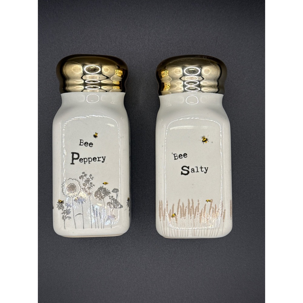 Bee Salty Bee Peppery Ceramic Salt and Pepper Shaker Set Gold Lid Farmhouse